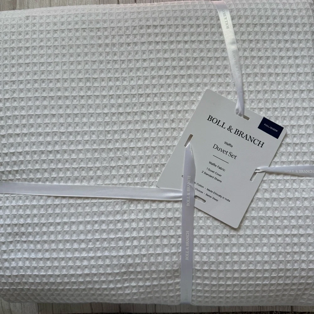 New BOLL AND BRANCH White Dobby Stripe Waffle Duvet Set Size Full/Queen